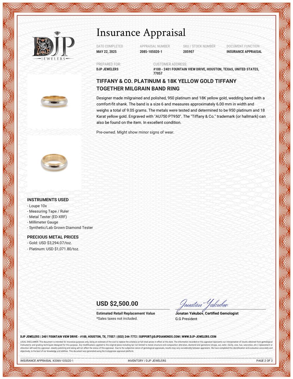 Tiffany & Co. Platinum & 18K Yellow Gold Tiffany Together Milgrain Band Ring im Angebot 3