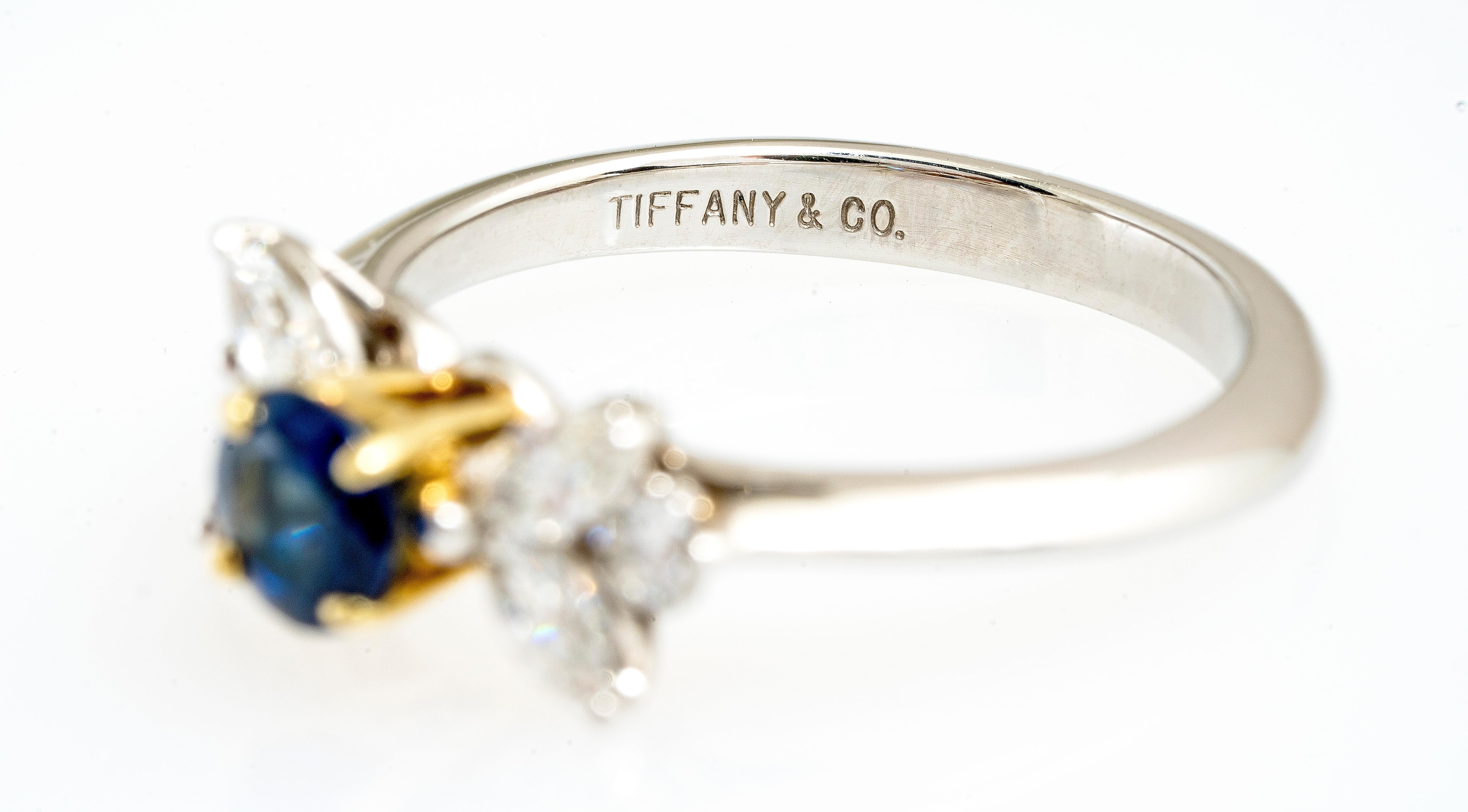 Modern Tiffany & Co. Platinum/18 Karat Yellow Blue Sapphire and Diamond Victoria Ring For Sale