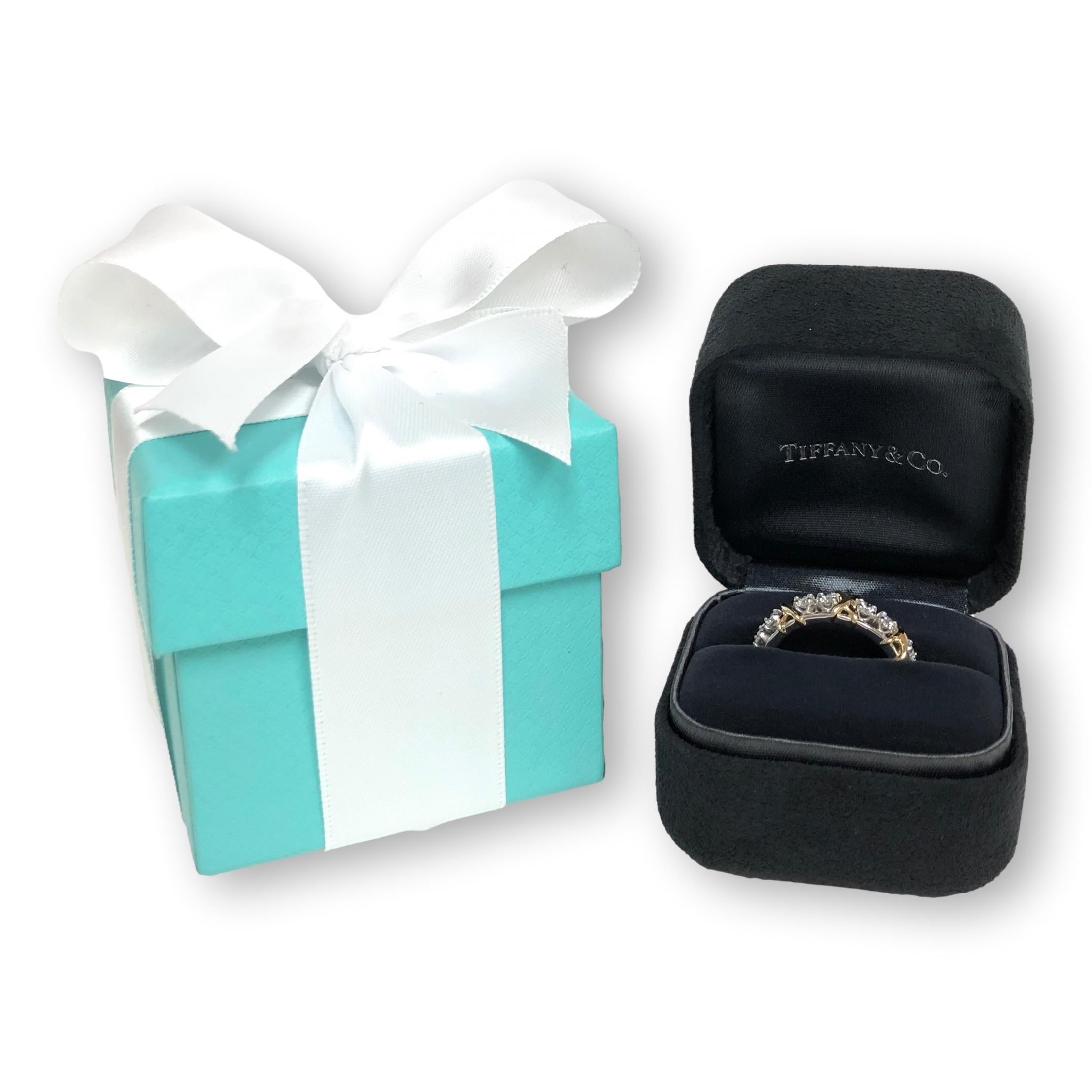 Round Cut Tiffany & Co Platinum 18KY Gold Schlumberger 16 Stone Diamond X Ring