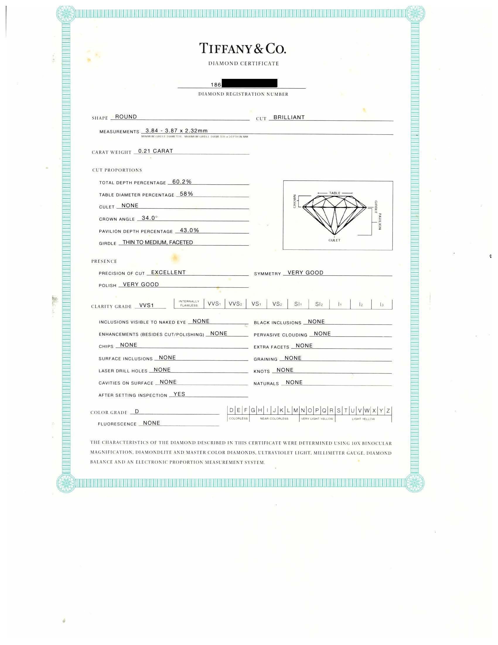 Tiffany & Co. Bague de fiançailles solitaire en platine avec diamant rond de 0,21 ct D VVS1 en vente 3
