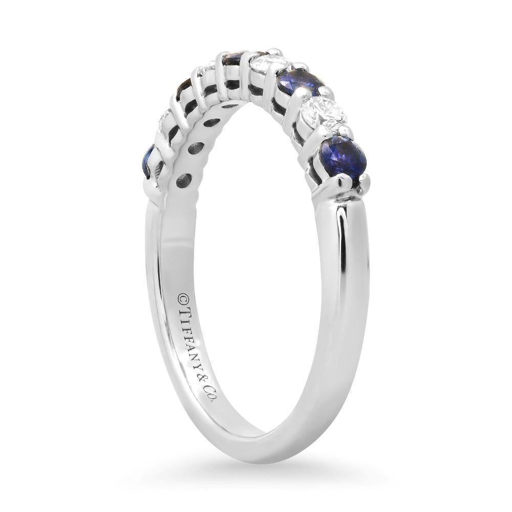 TIFFANY & Co. Platinum 2.2mm Half Circle Diamond Sapphire Embrace Band Ring 3 In Excellent Condition For Sale In Los Angeles, CA