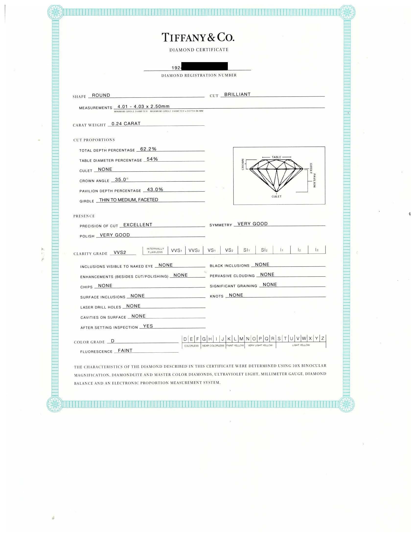 Tiffany & Co. Bague de fiançailles solitaire en platine avec un diamant de 0,24 ct D VVS2 en vente 3