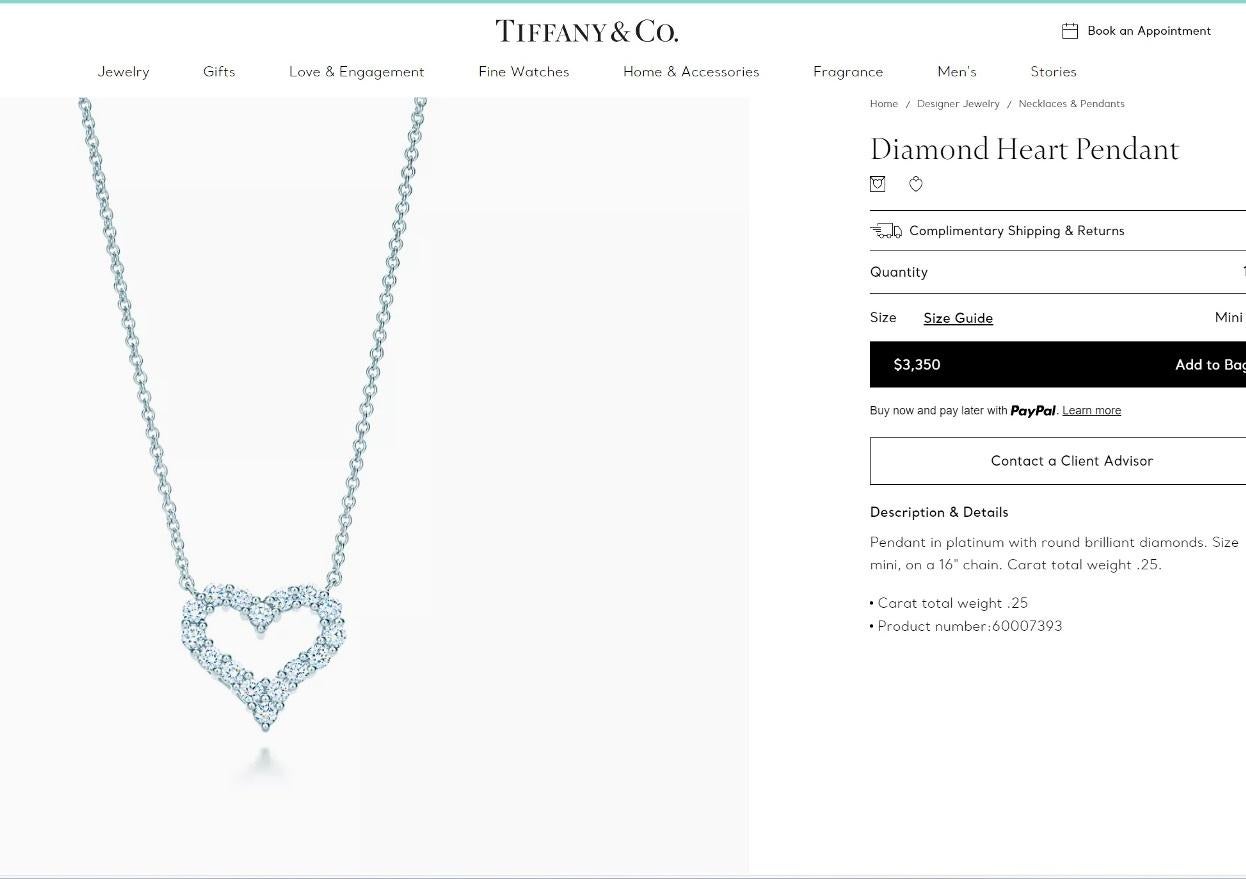 TIFFANY & Co. Platinum .25ct Diamond Heart Pendant Necklace For Sale 4