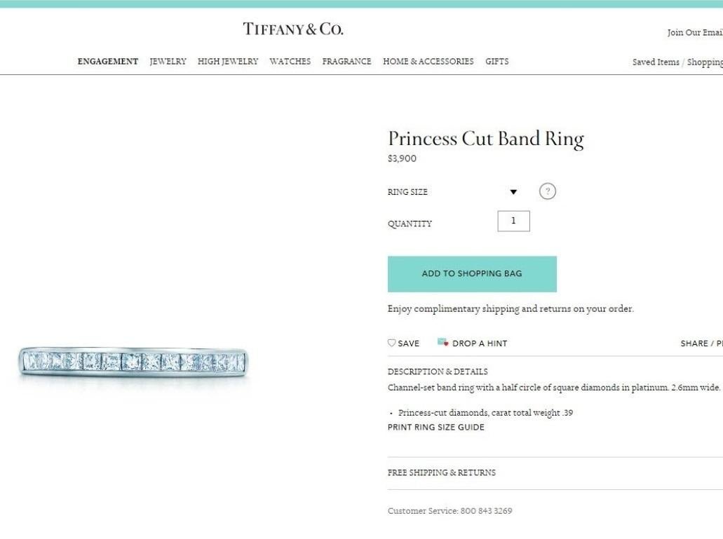 TIFFANY & Co. Bague en platine 2.6mm Half Circle Princess Cut Diamond Band Ring 5.5 2