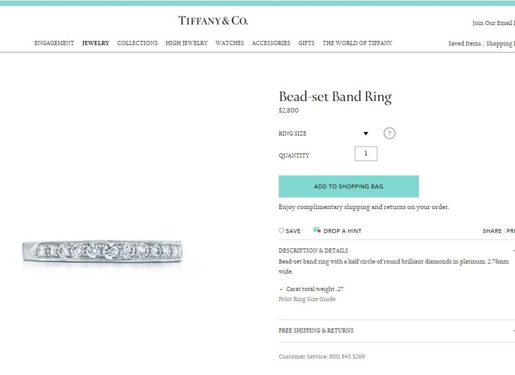 Women's Tiffany & Co. Platinum Half Circle Bead-Set Diamond Band Ring 6 For Sale