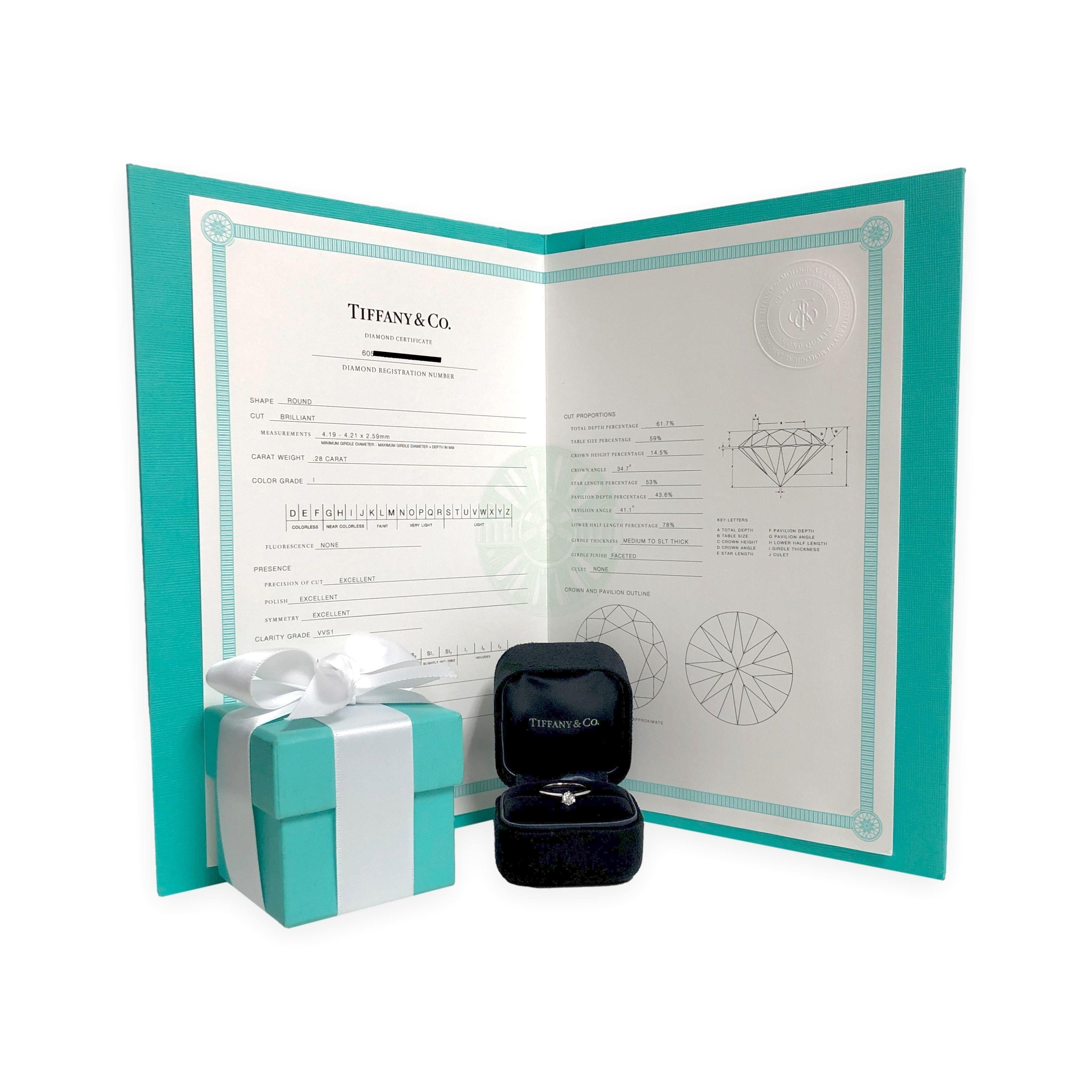 Tiffany & Co. Bague de fiançailles solitaire en platine avec diamant rond de 0,28 ct I VVS1 en vente 2