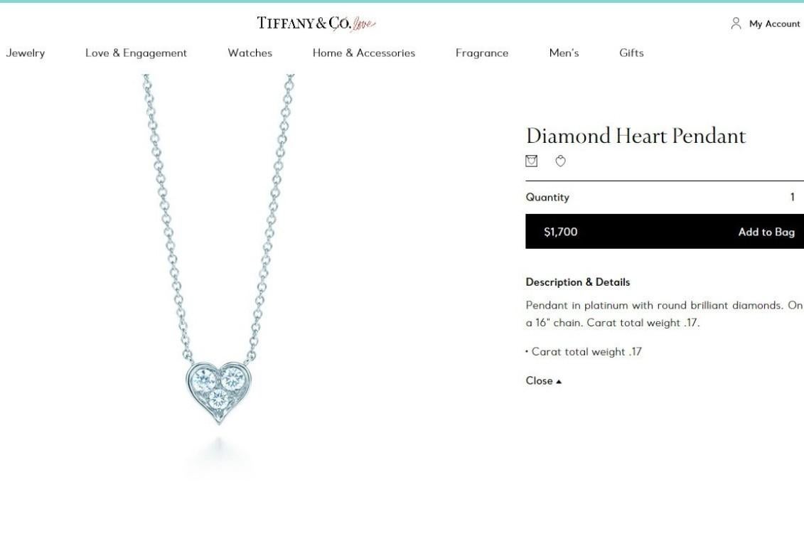 Round Cut Tiffany & Co. Platinum 3 Diamond Heart Pendant Necklace For Sale