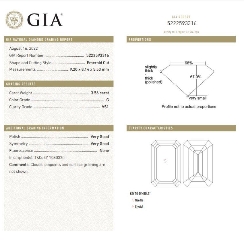 Tiffany & Co Platinum 3.56 Carat Emerald Cut Diamond GIA Engagement Ring For Sale 2