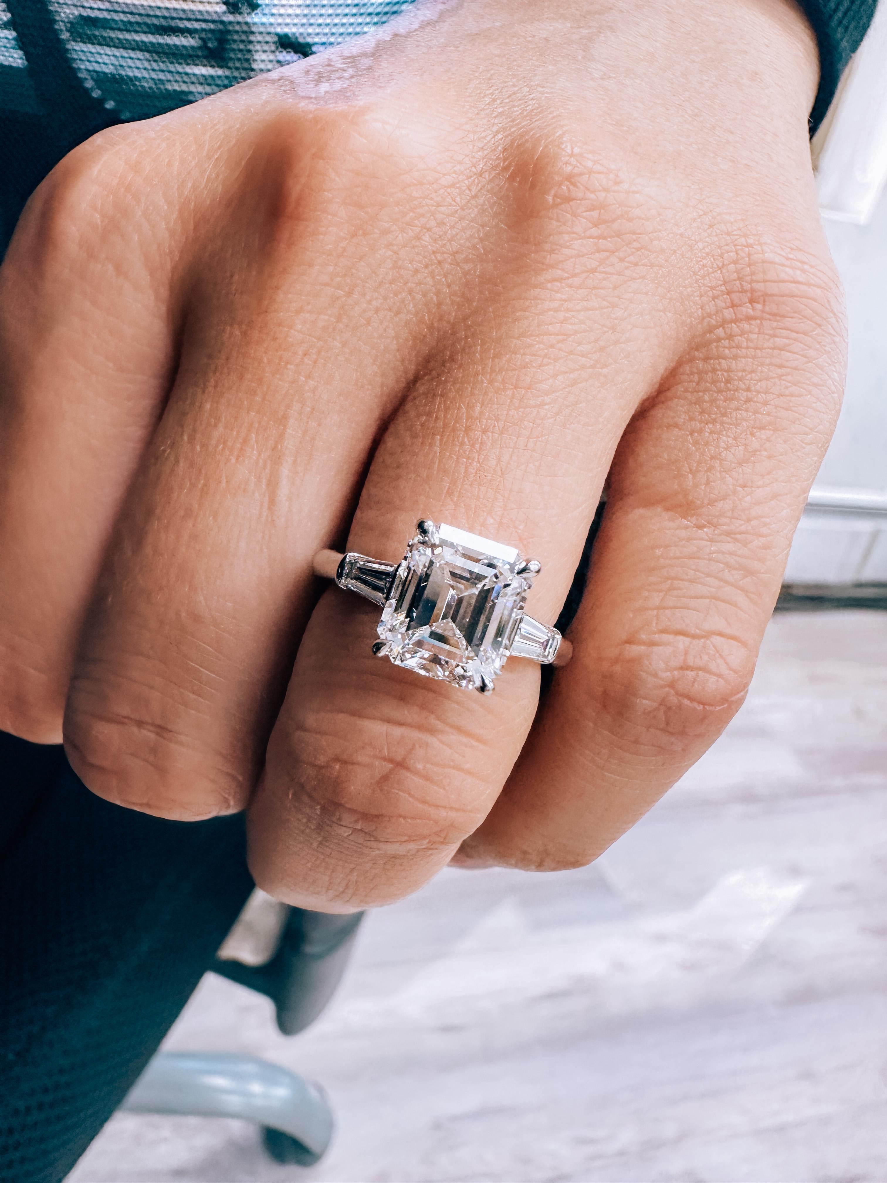 Modern Tiffany & Co Platinum 3.56 Carat Emerald Cut Diamond GIA Engagement Ring For Sale