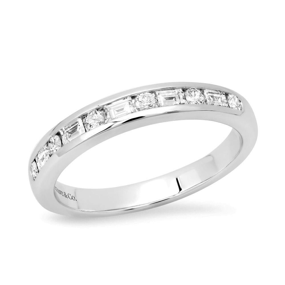 TIFFANY & Co. Platinum 3.6mm Half Circle Round Baguette Diamond Band Ring 9.5

Metal: Platinum 
Size: 9.5
Band Width: 3.6mm
Weight: 6.50 grams 
Diamond: 6 round brilliant diamonds, carat total weight .30 
                5 baguette diamonds, carat