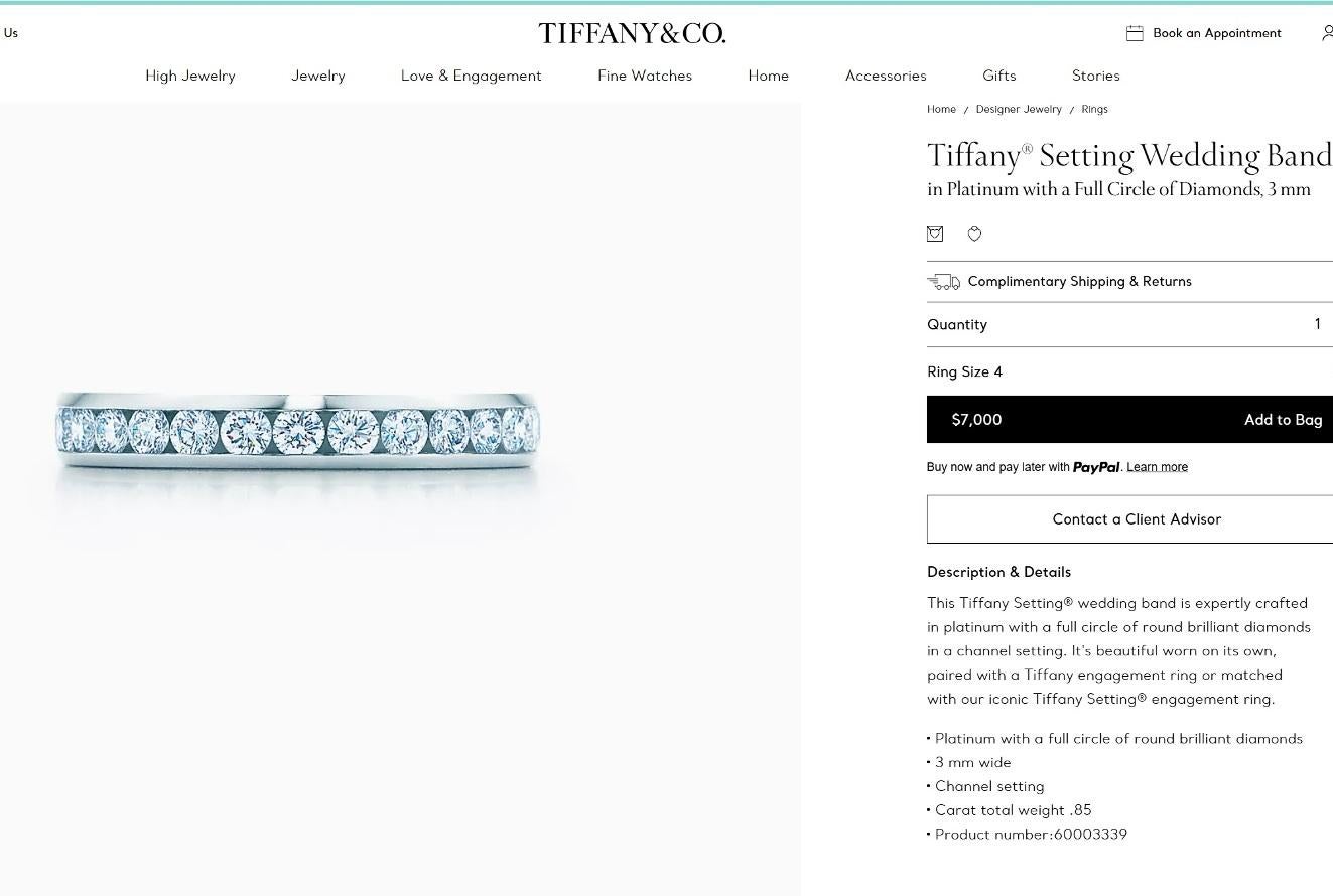 TIFFANY & Co. Platinum 3mm Full Circle Diamond Wedding Band Ring 4 For Sale 1