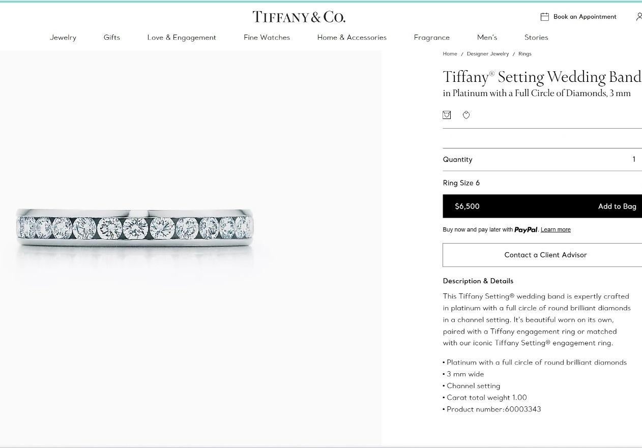 Women's TIFFANY & Co. Platinum 3mm Full Circle Diamond Wedding Band Ring 6 For Sale