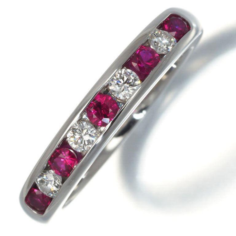 Round Cut TIFFANY & Co. Platinum 3mm Half Circle Diamond Ruby Band Ring 4 For Sale