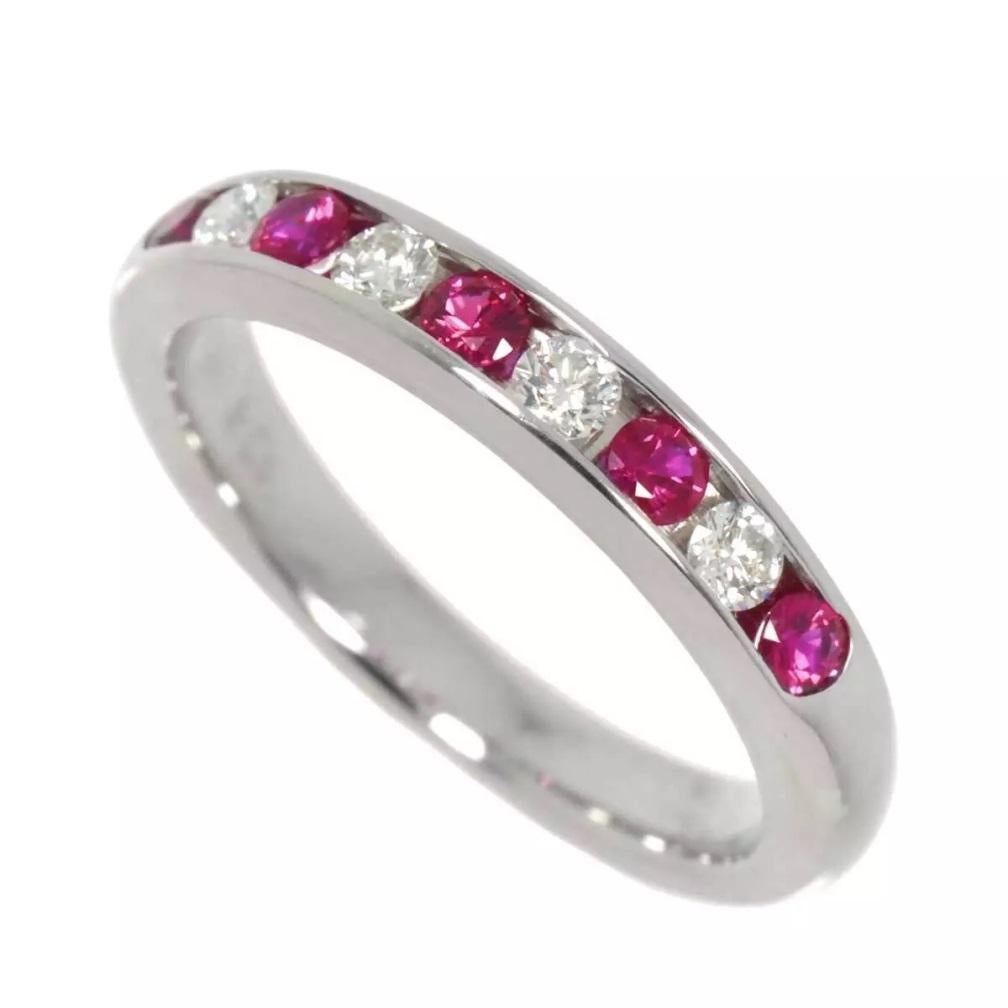 TIFFANY & Co. Platinum 3mm Half Circle Diamond Ruby Band Ring 4.5

Metal: Platinum 
Size: 4.5
Band Width: 3mm 
Diamond: 4 round brilliant diamonds, total carat weight .18 
Ruby: 5 round rubies, total carat weight .20  
Hallmark: TIFFANY&Co. PT950