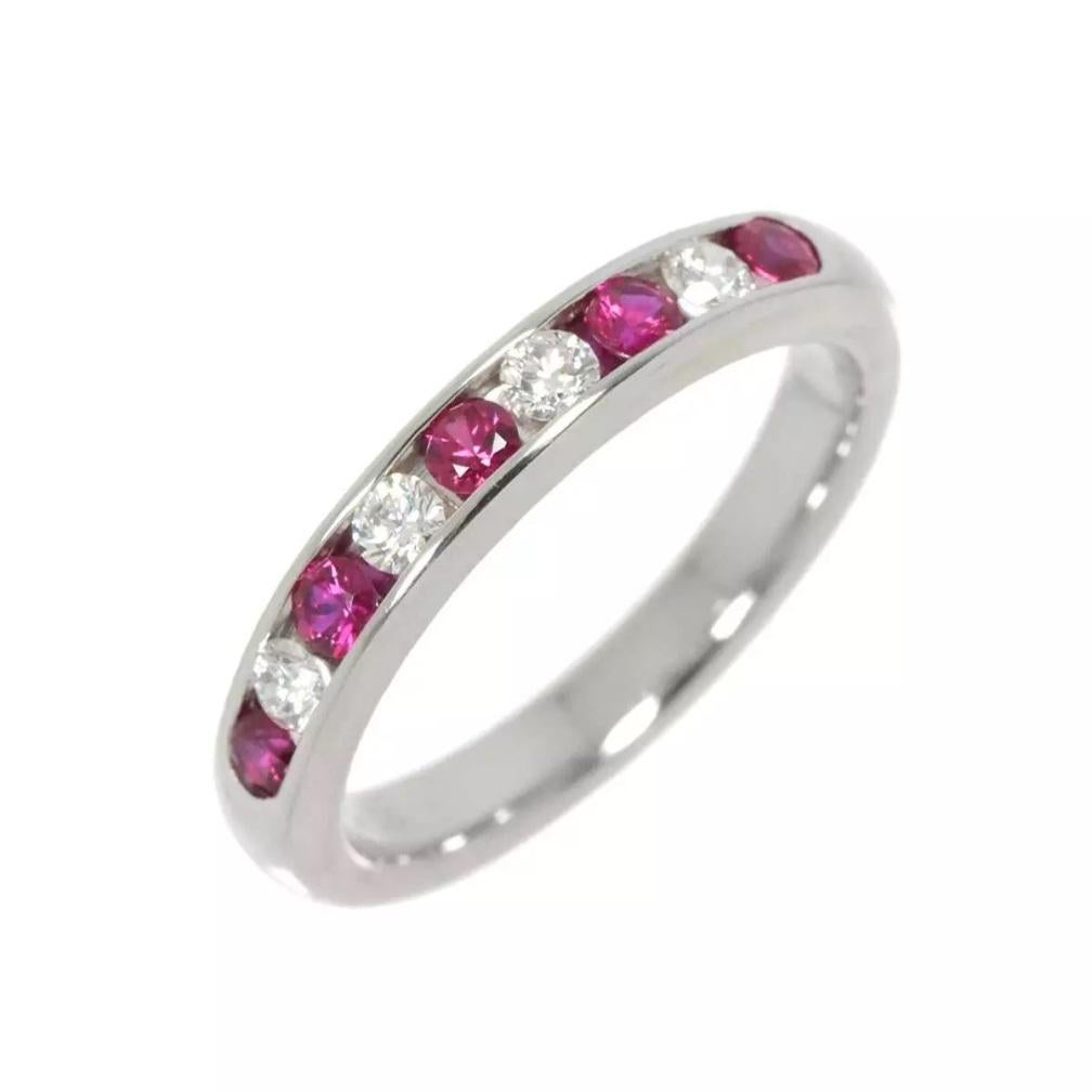 Round Cut TIFFANY & Co. Platinum 3mm Half Circle Diamond Ruby Band Ring 4.5 For Sale