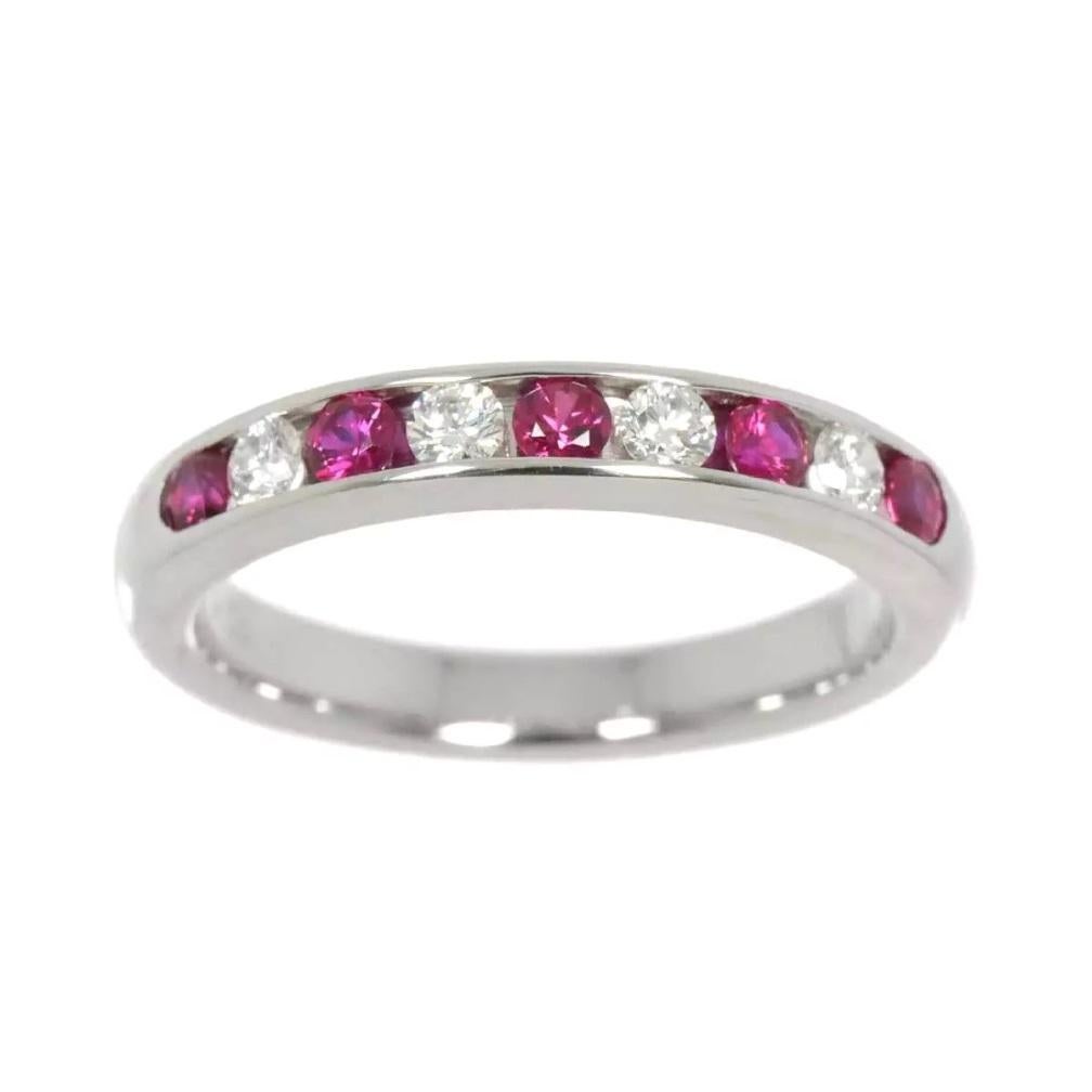 TIFFANY & Co. Platinum 3mm Half Circle Diamond Ruby Band Ring 4.5 In Excellent Condition For Sale In Los Angeles, CA