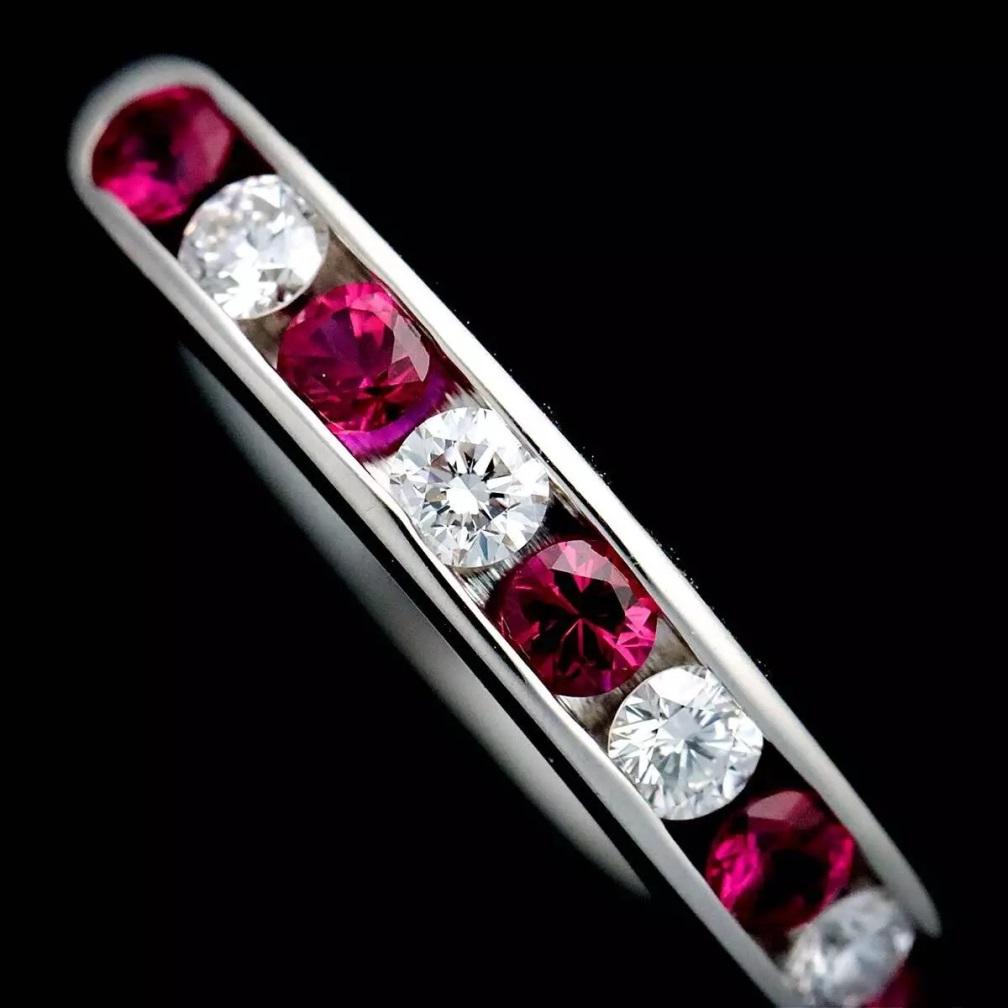 Women's TIFFANY & Co. Platinum 3mm Half Circle Diamond Ruby Band Ring 4.5 For Sale