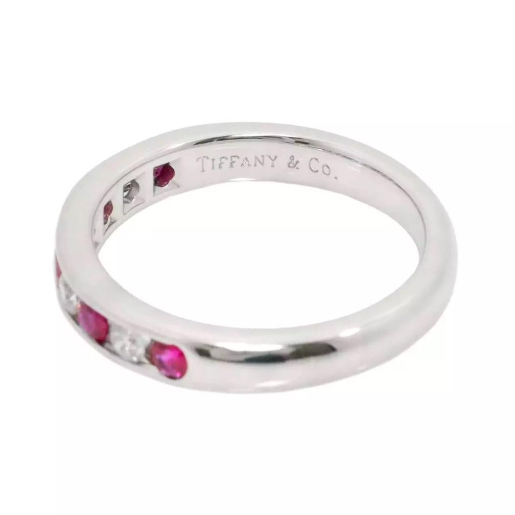 TIFFANY & Co. Platinum 3mm Half Circle Diamond Ruby Band Ring 4.5 For Sale 1