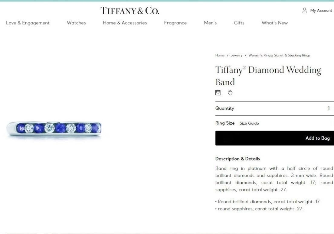 TIFFANY & Co. Platinum 3mm Half Circle Diamond Sapphire Band Ring 6.5 For Sale 4