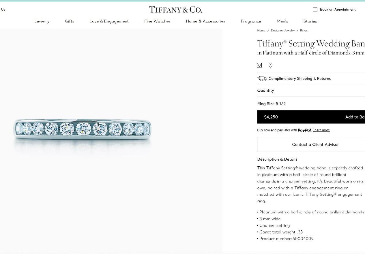 TIFFANY & Co. Platinum 3mm Half Circle Diamond Wedding Band Ring 5.5 For Sale 2