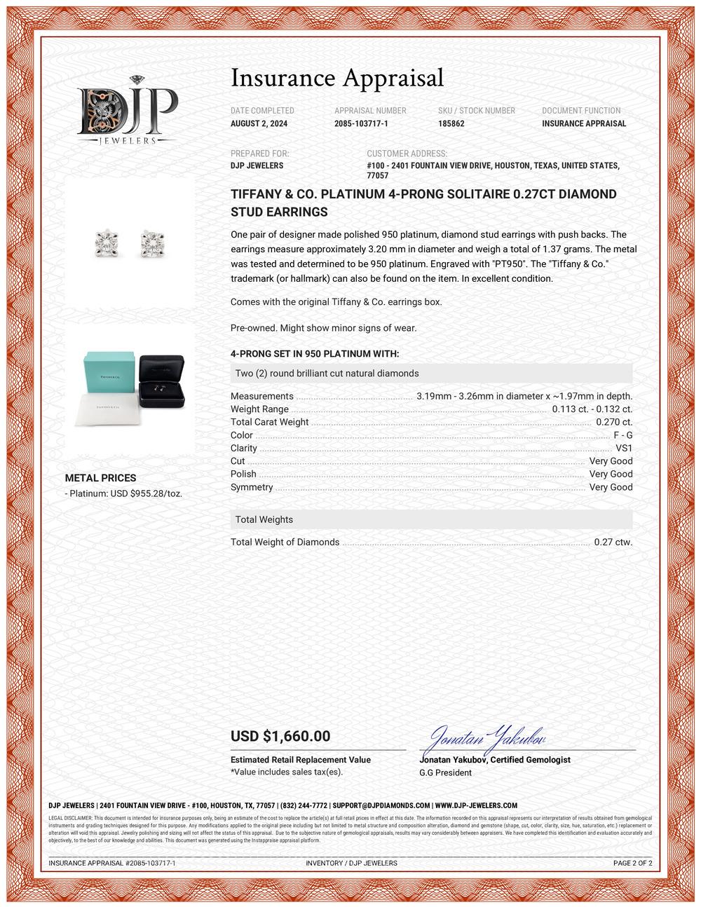 Tiffany & Co. Platin 4-Zinken Solitär 0,27 Karat Diamant-Ohrstecker 4
