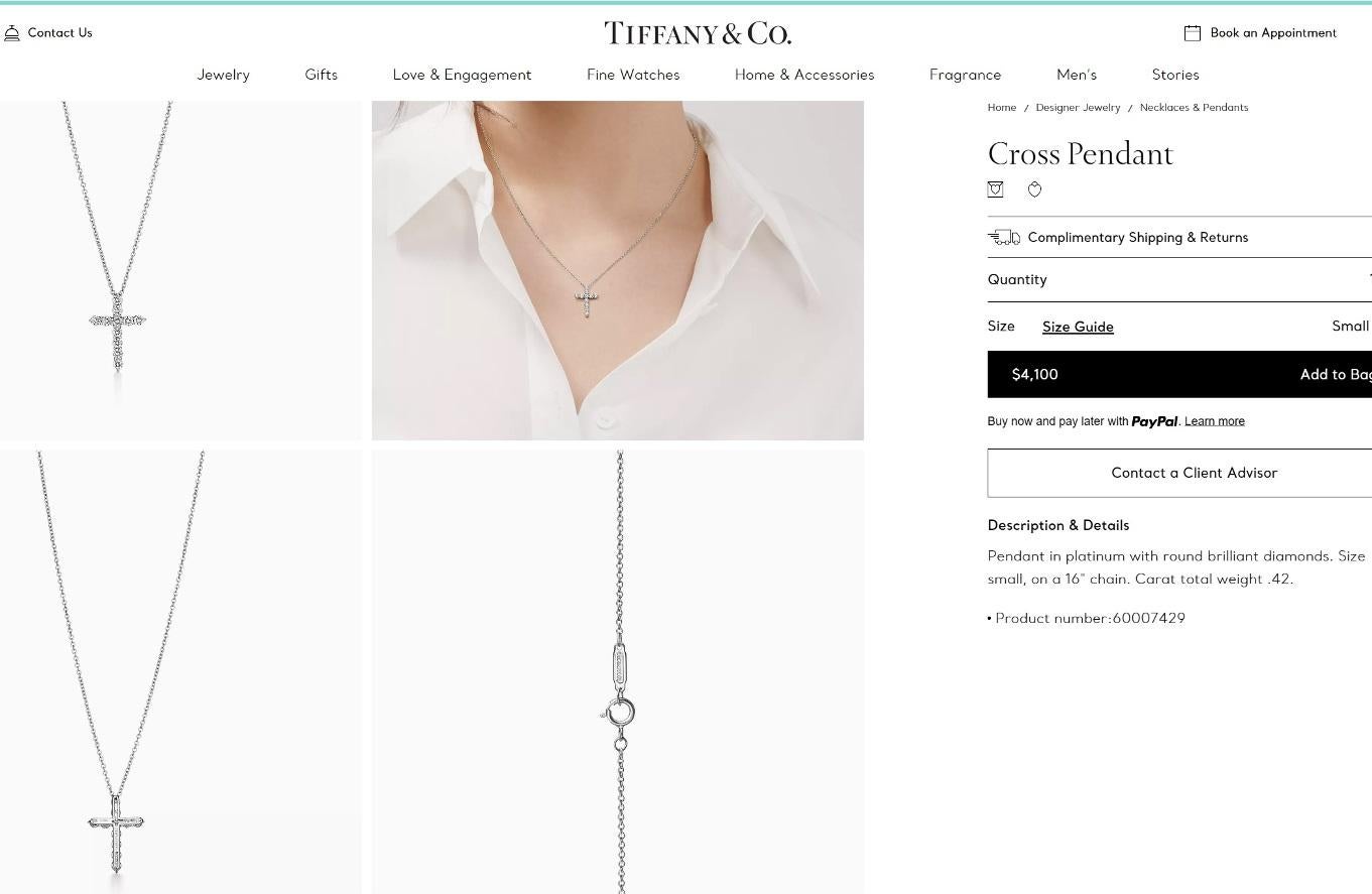 TIFFANY & Co. Platinum .42ct Diamond Cross Pendant Necklace  For Sale 1