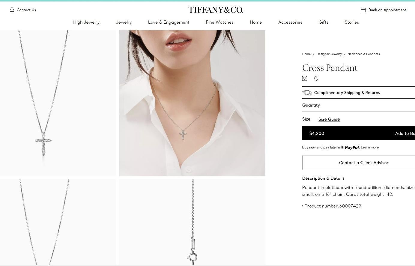 TIFFANY & Co. Platinum .42ct Diamond Cross Pendant Necklace For Sale 1