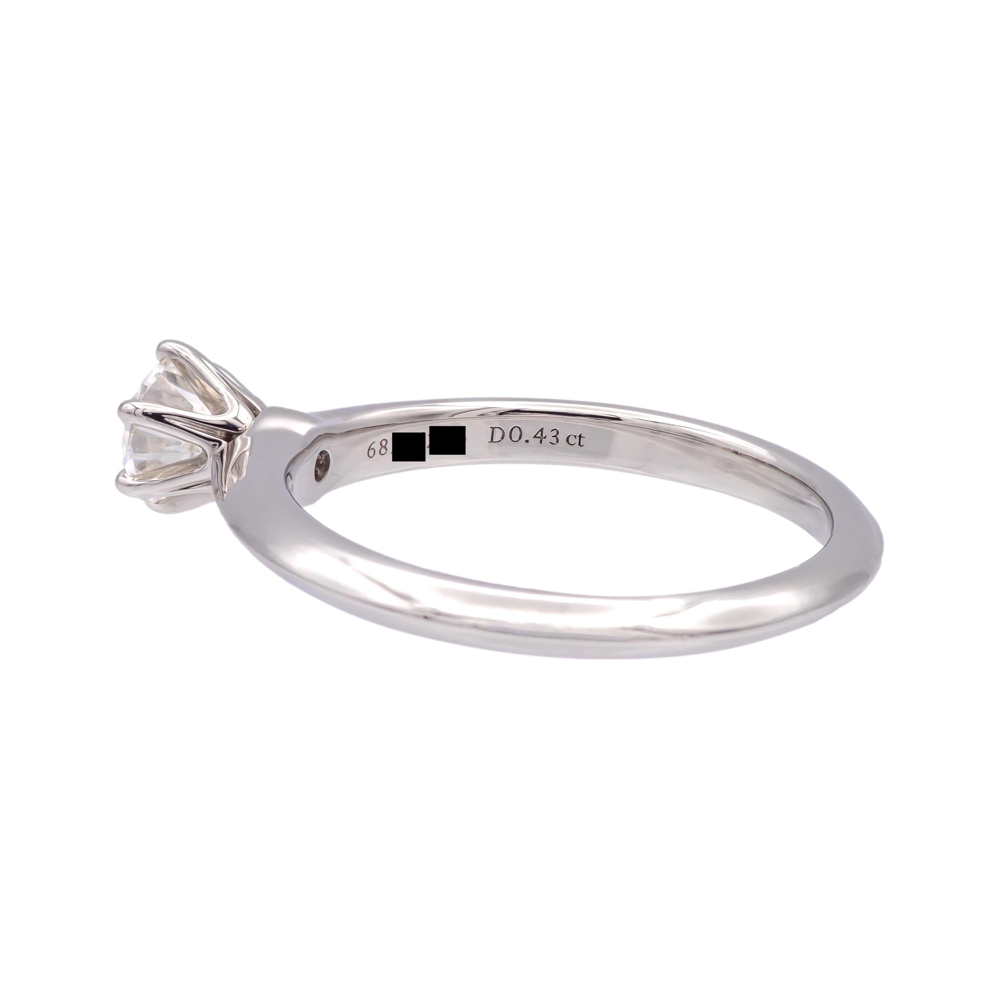 Contemporary Tiffany & Co. Platinum .43 ct. Solitaire Round Diamond Engagement Ring H VVS2 For Sale
