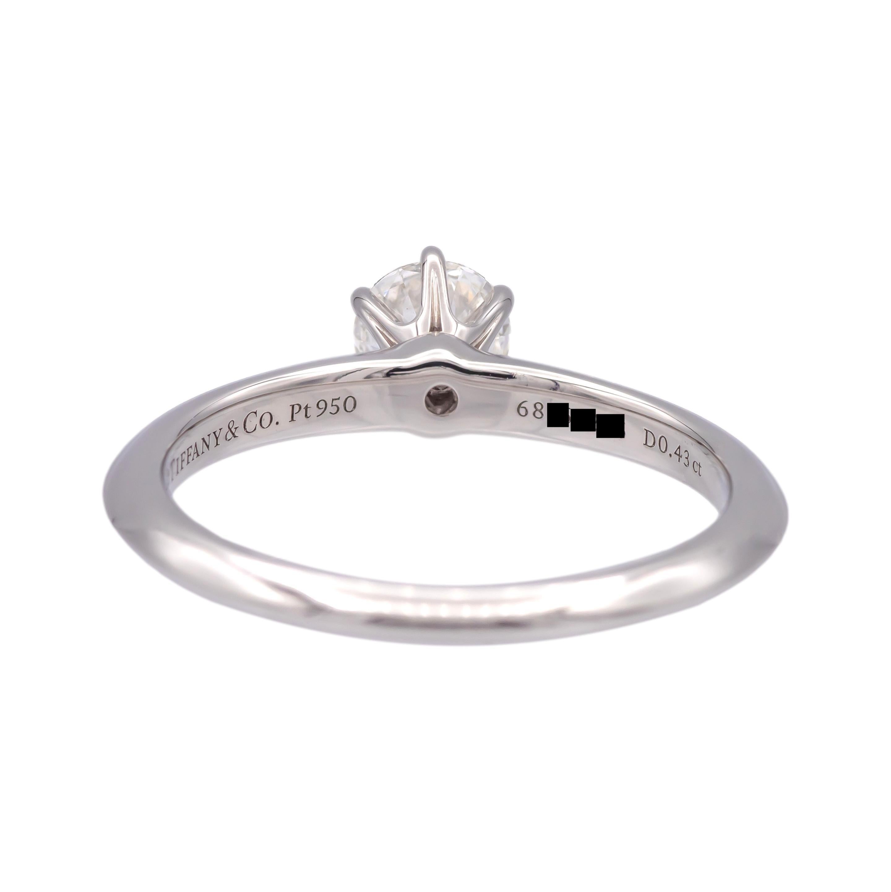 Round Cut Tiffany & Co. Platinum .43 ct. Solitaire Round Diamond Engagement Ring H VVS2 For Sale