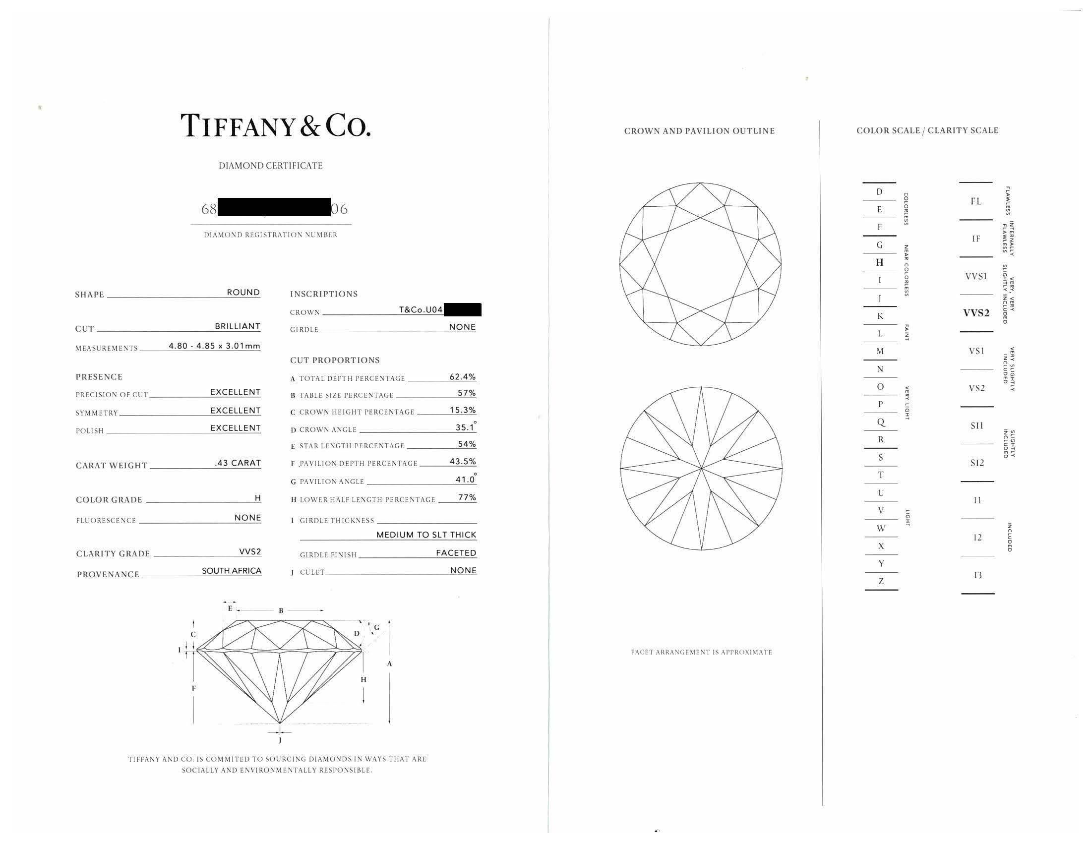Tiffany & Co. Platinum .43 ct. Solitaire Round Diamond Engagement Ring H VVS2 For Sale 3