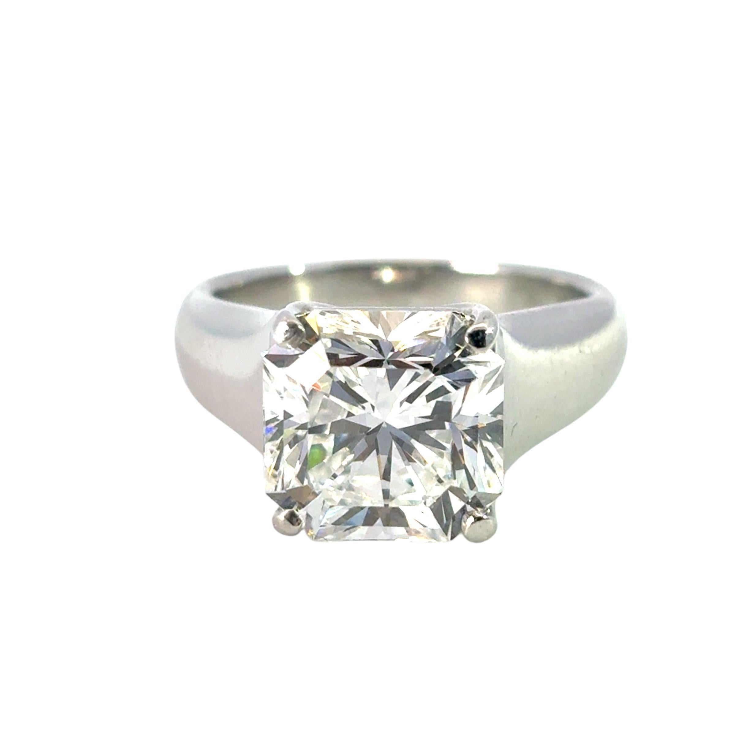 Lucida Diamond Engagement Ring

Designer: Tiffany & Co.
Material: Platinum
Diamond Details: The main diamond is a natural, Lucida shape, radiant cut diamond in a prong setting weighing approximately 4.30 carats total. The main diamond is