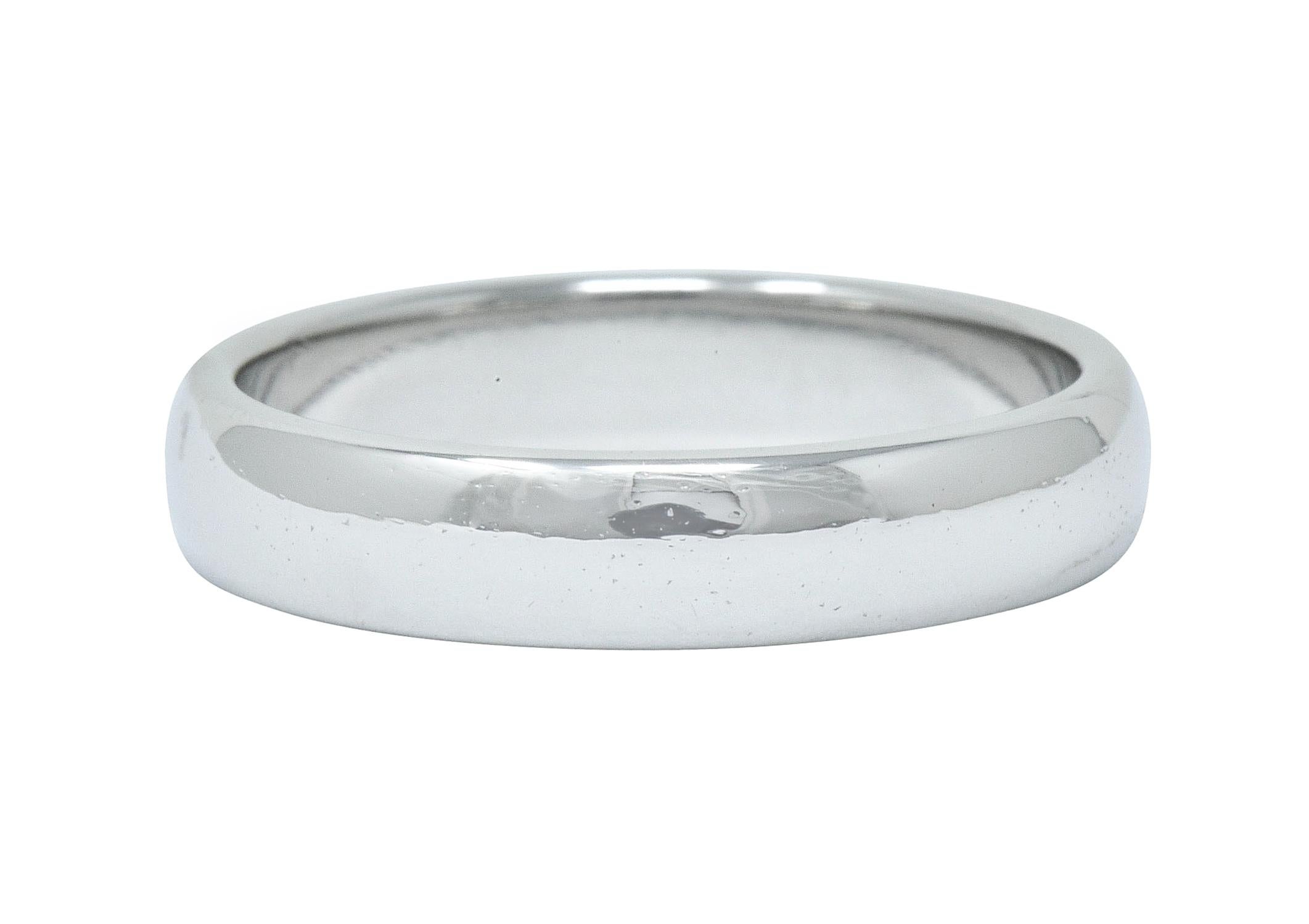 Wide band ring featuring a bright polished and rounded curvature

Fully signed 1999 Tiffany & Co.

Stamped PT950 platinum

Ring Size: 8 3/4 & sizable

Measures: 4.5 mm wide and sits 1.8 mm high

Total weight: 9.5 grams

Classic. Smooth.