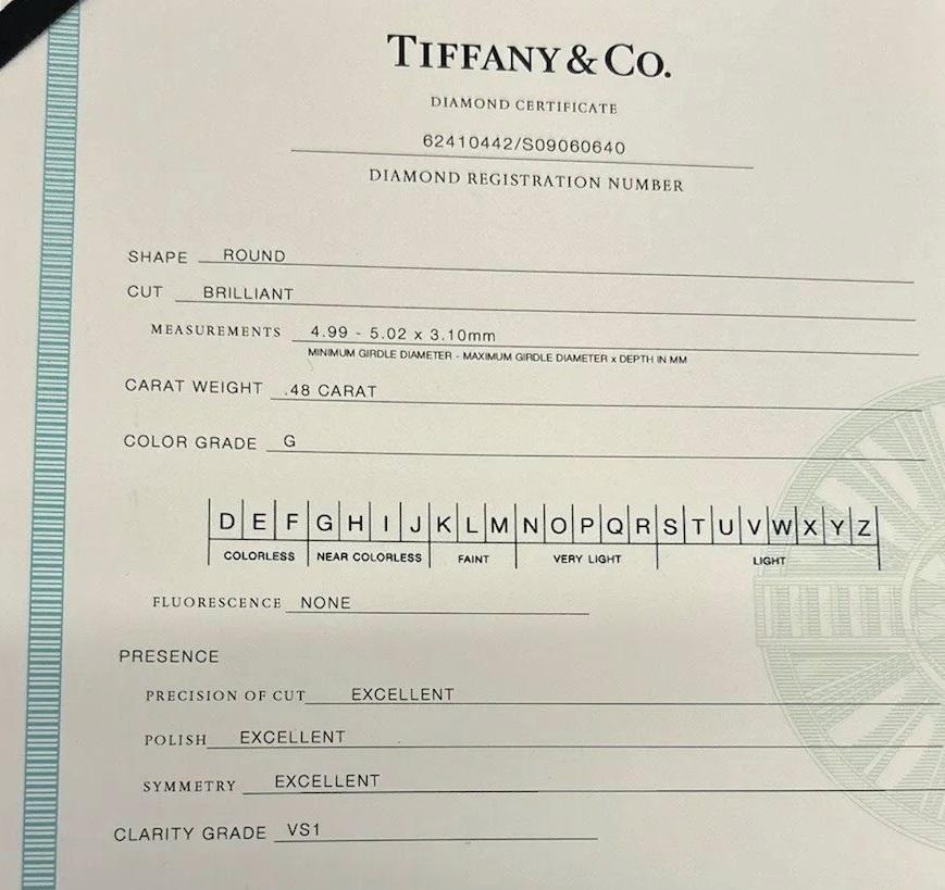 TIFFANY & Co. Platinum .48ct Diamond Engagement Ring 6 For Sale 2