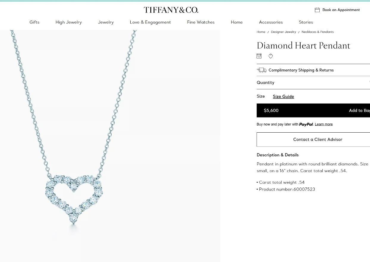 TIFFANY & Co. Platinum .54ct Diamond Heart Pendant Necklace For Sale 2