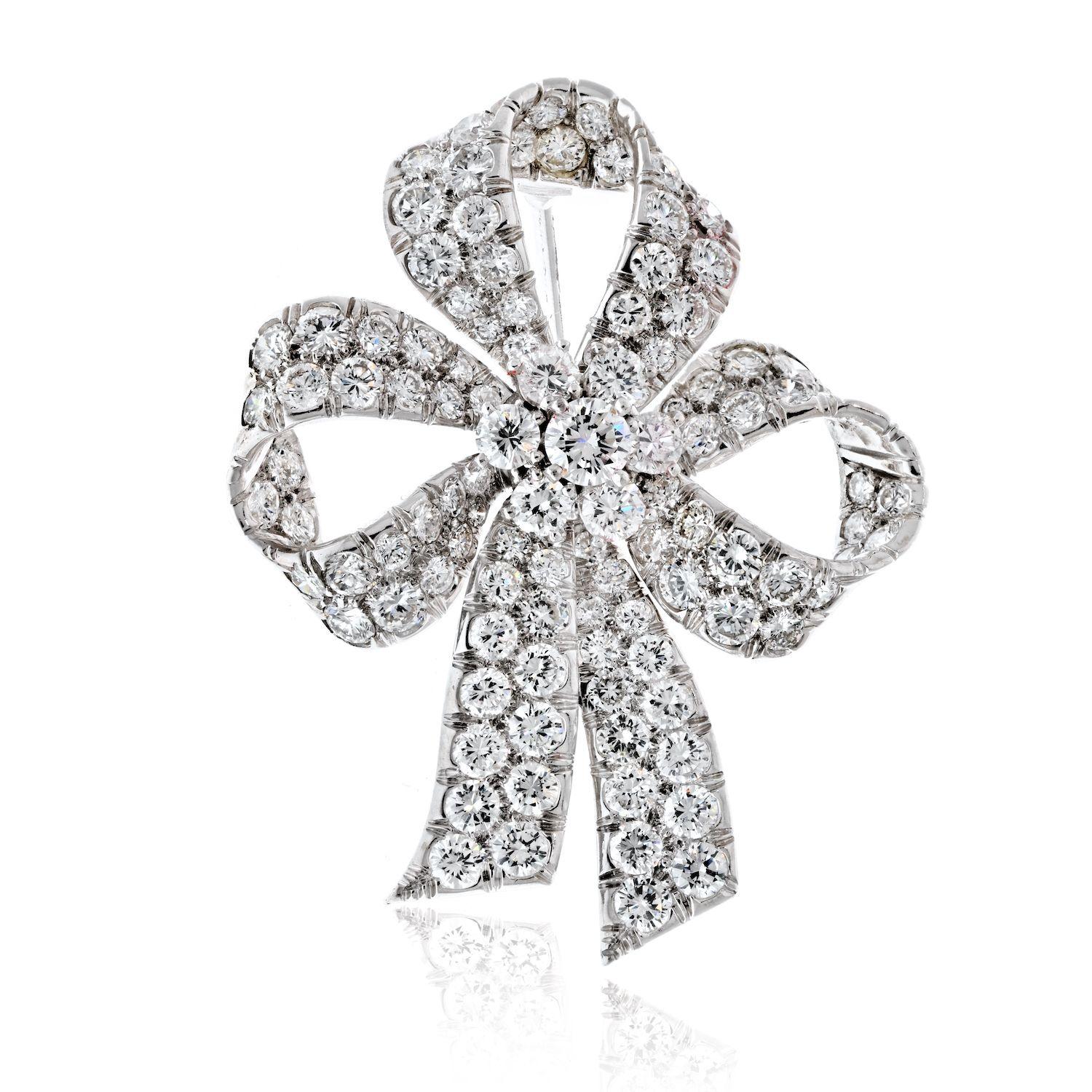Round Cut Tiffany & Co. Platinum 6.00 Carat Diamond Bow Ribbon Ladies Brooch