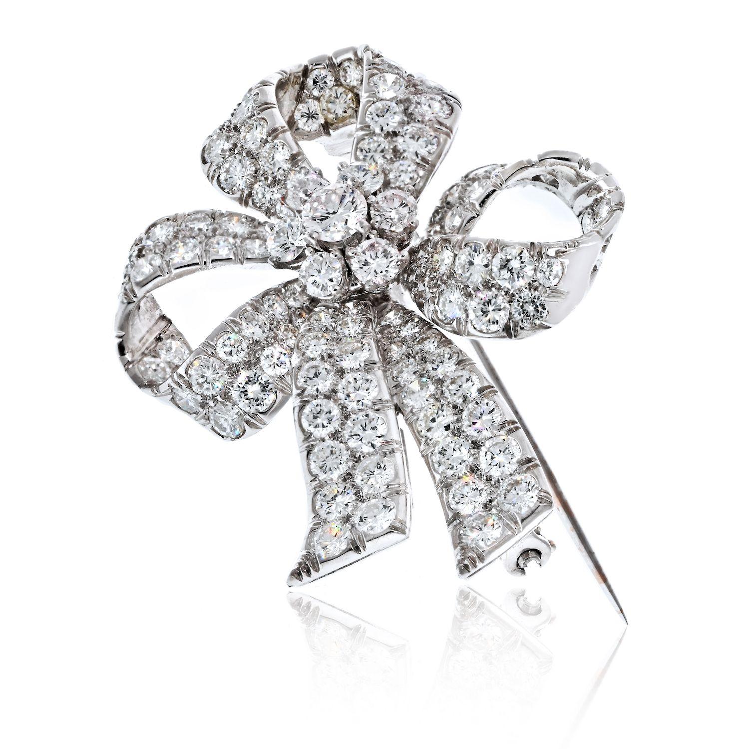 Tiffany & Co. Platinum 6.00 Carat Diamond Bow Ribbon Ladies Brooch In Excellent Condition In New York, NY