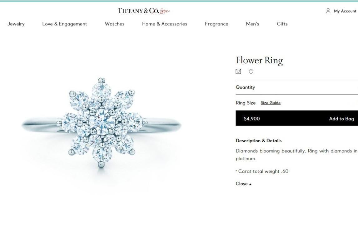 TIFFANY & Co. Platinum .60ct Diamond Flower Ring 5 3