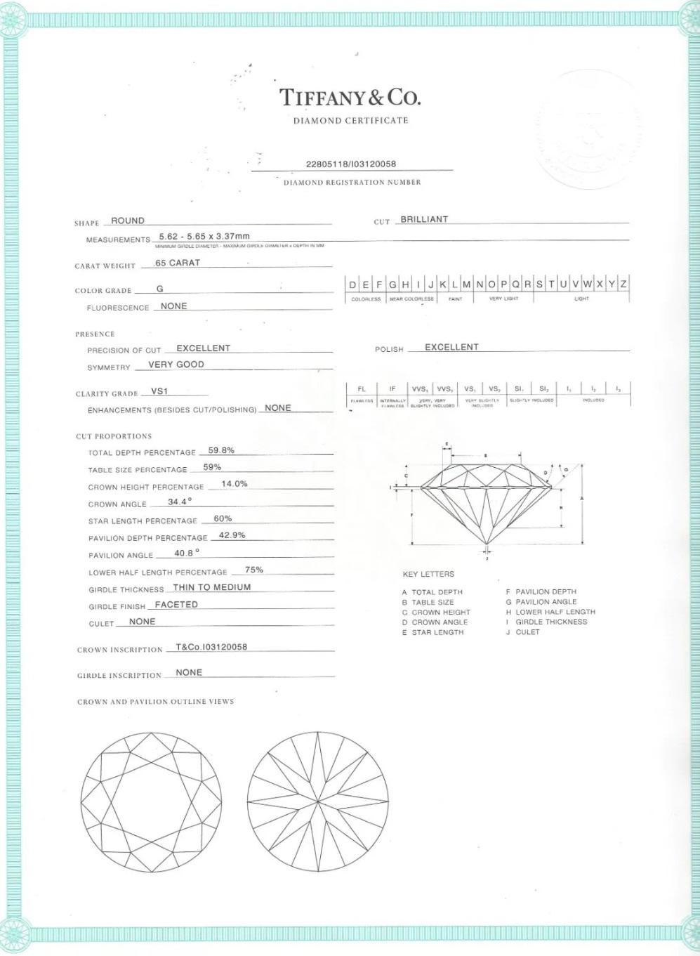 TIFFANY & Co. Platin .65 Karat Diamant Verlobungsring 6 im Angebot 1