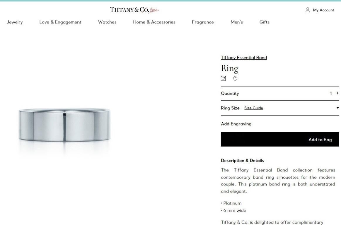 TIFFANY & Co. Platinum 6mm Essential Flat Band Ring 8 For Sale 2