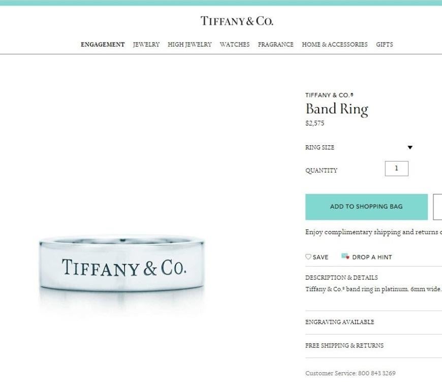 Women's or Men's TIFFANY & Co. Platinum 6mm Wedding Band Ring 10 For Sale
