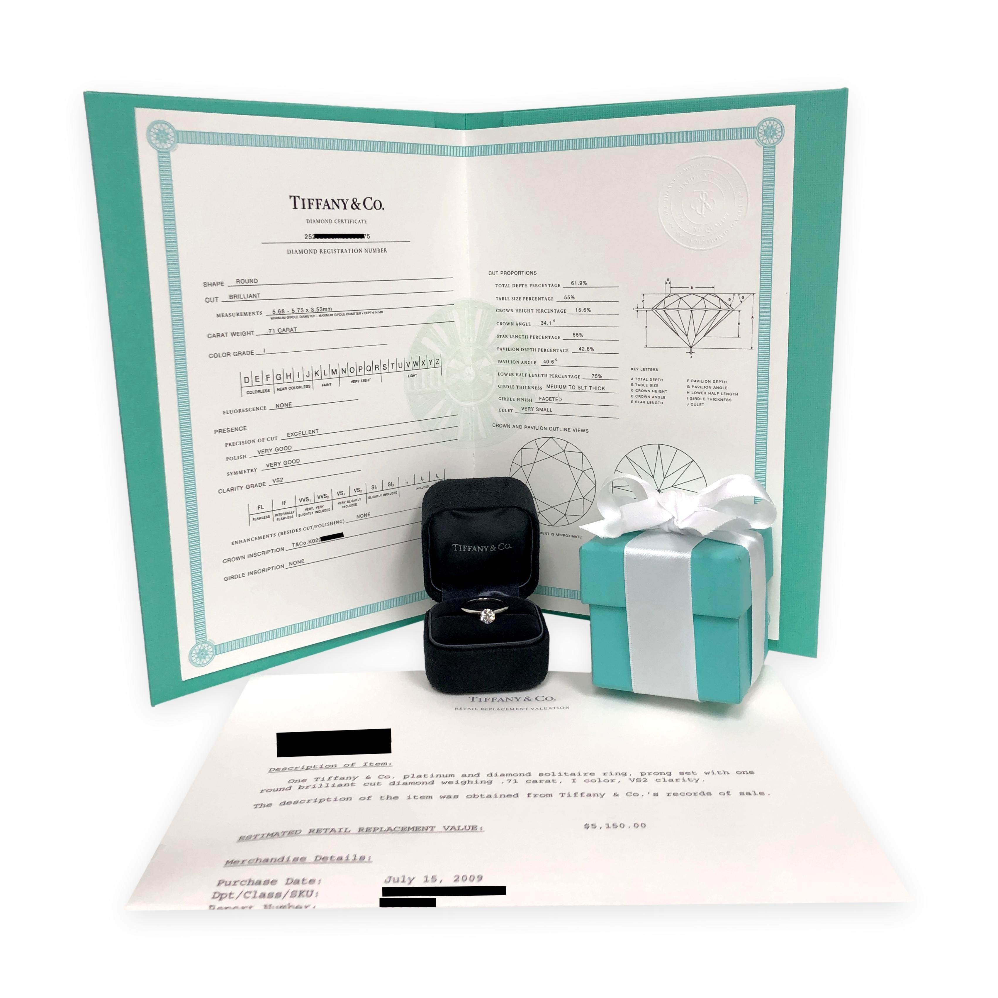 Tiffany & Co. Anello di fidanzamento solitario con diamante rotondo in platino da 0,71 ct I VS2 in vendita 2