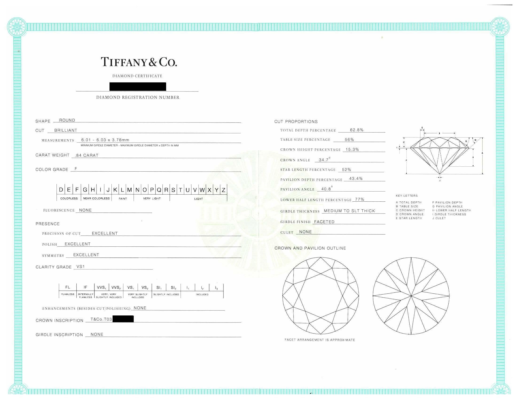 Tiffany & Co. Bague de fiançailles solitaire en platine avec diamant rond de 0,84 ct F VS1 en vente 3