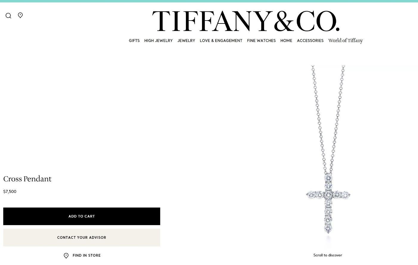 TIFFANY & Co. Collier croix en platine avec diamant de 0,90 ct, taille moyenne 1