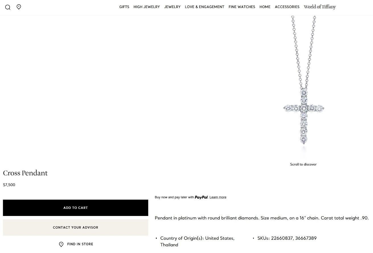 TIFFANY & Co. Collier croix en platine avec diamant de 0,90 ct, taille moyenne 2