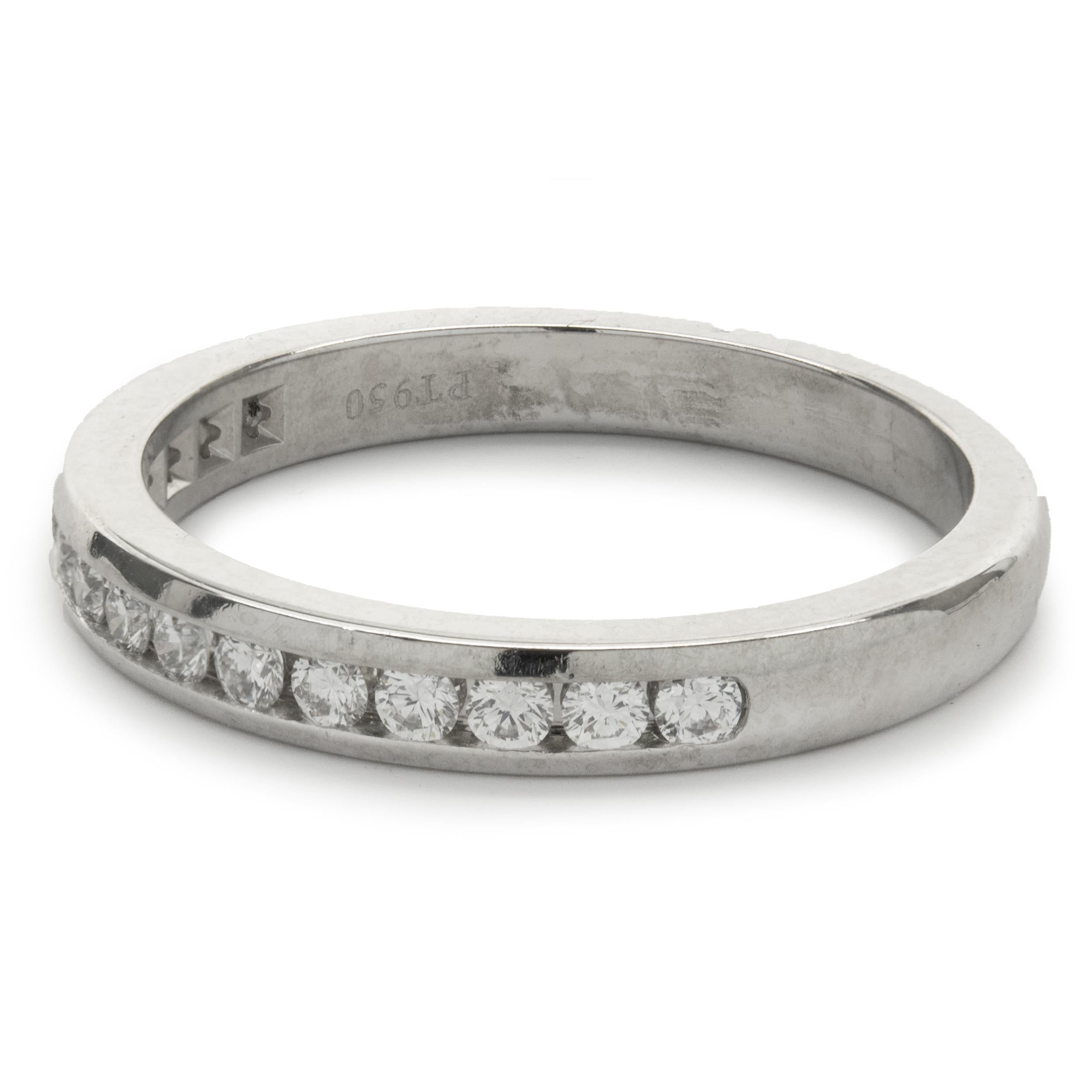 Designer: Tiffany & Co.
Material: Platinum
Diamond: 15 round brilliant cut = .30cttw
Color: F/G
Clarity: VS1-2
Dimensions: band measures 2.70mm wide
Size 6
Weight: 4.26 grams
