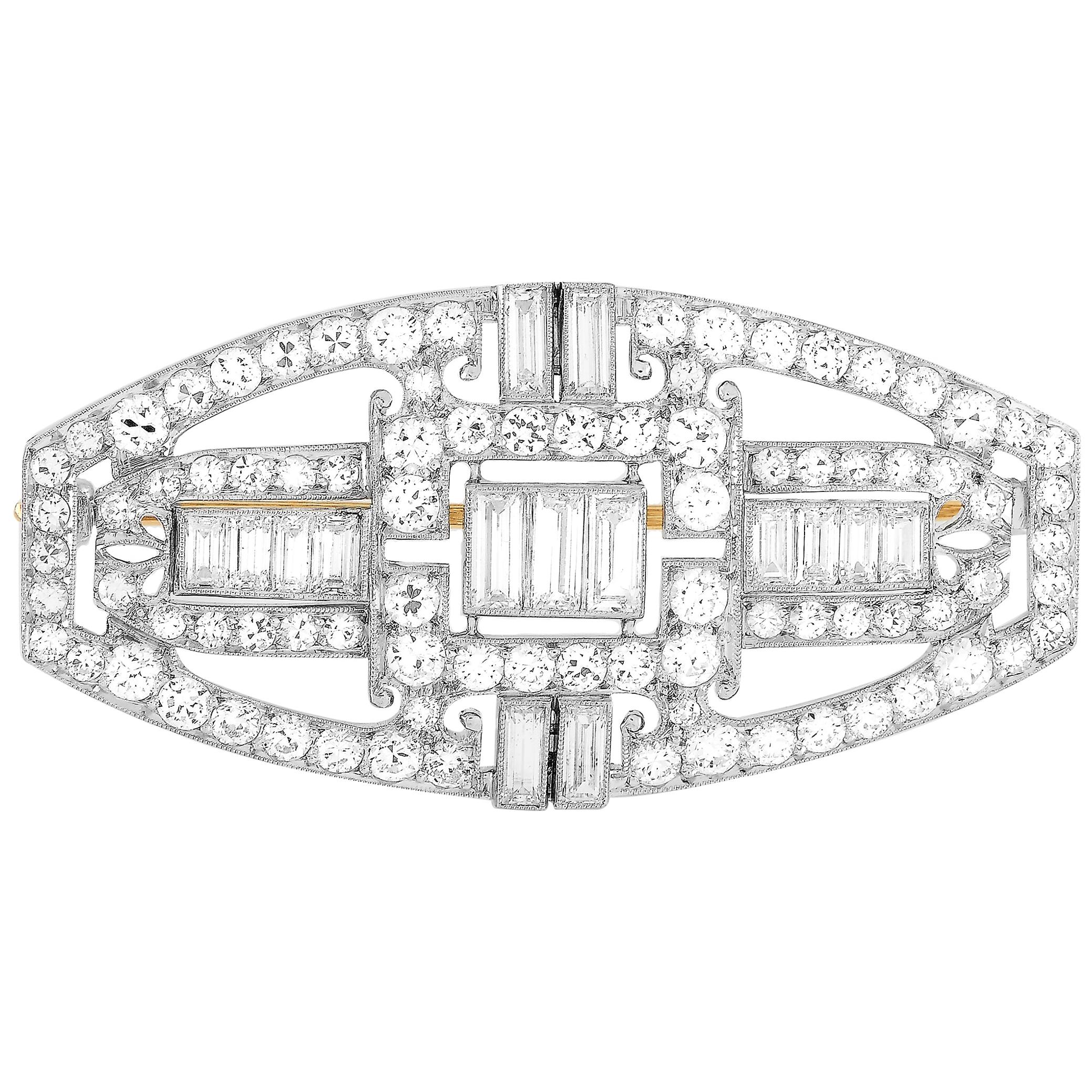 Tiffany & Co. Platinum 18K Yellow Gold, 4.50 Carat Diamond Art Deco Style Brooch