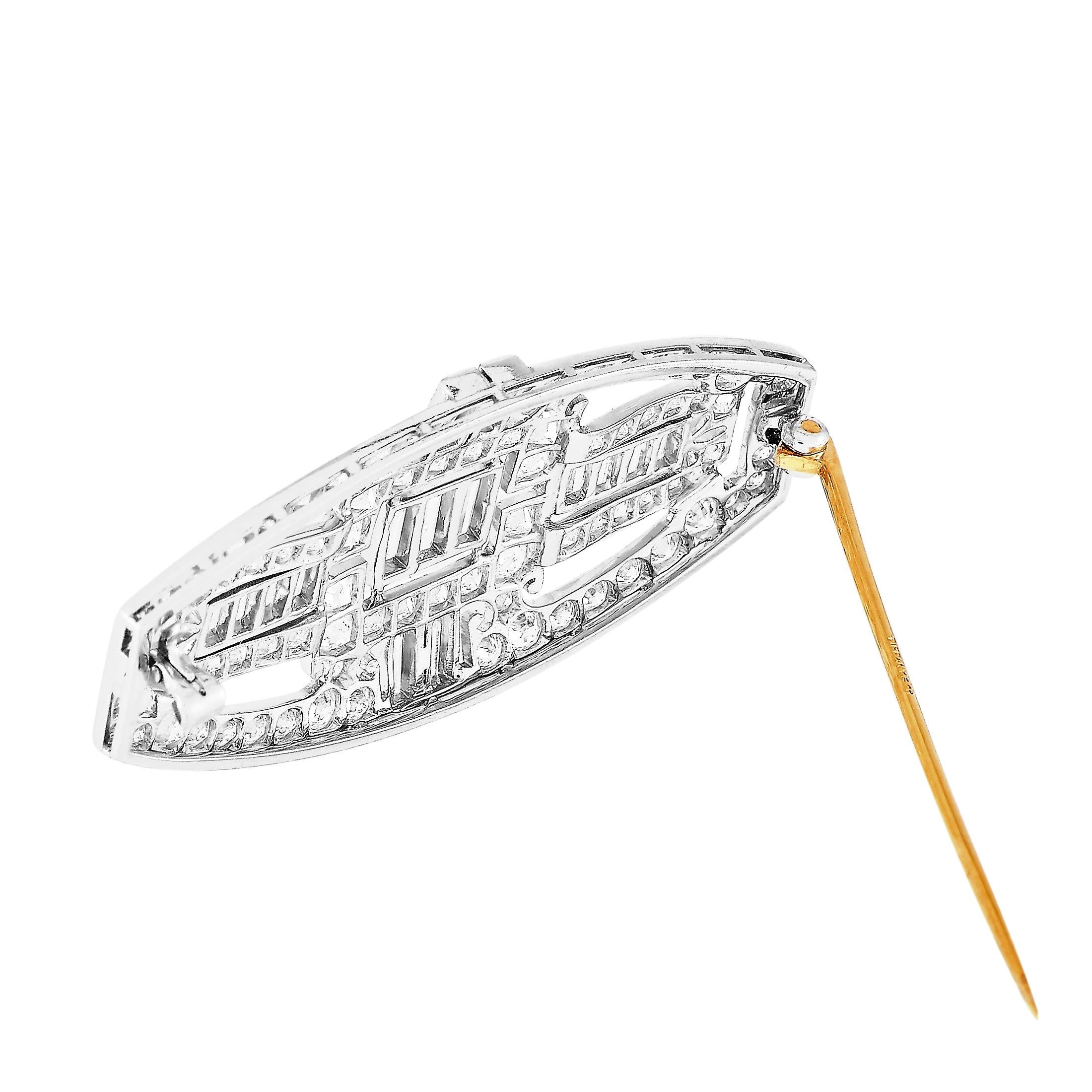 Round Cut Tiffany & Co. Platinum 18K Yellow Gold, 4.50 Carat Diamond Art Deco Style Brooch