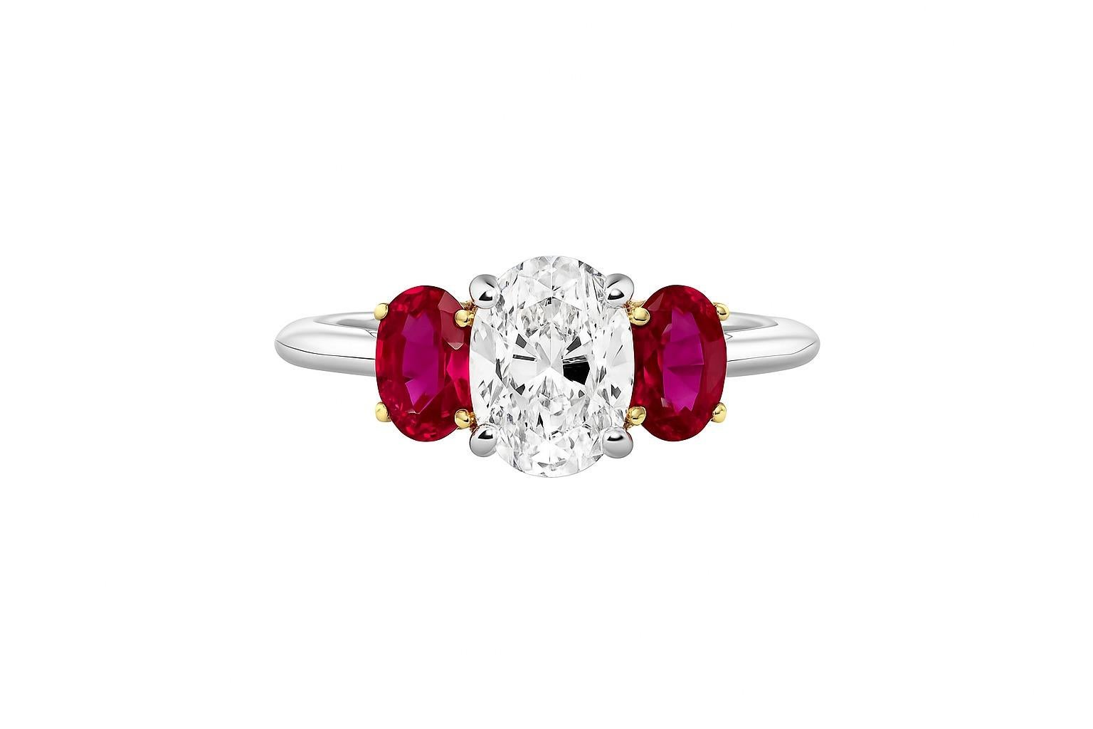 Modern Tiffany & Co. Platinum and 18K Yellow Gold Diamond and Ruby Three-Stone Ring For Sale