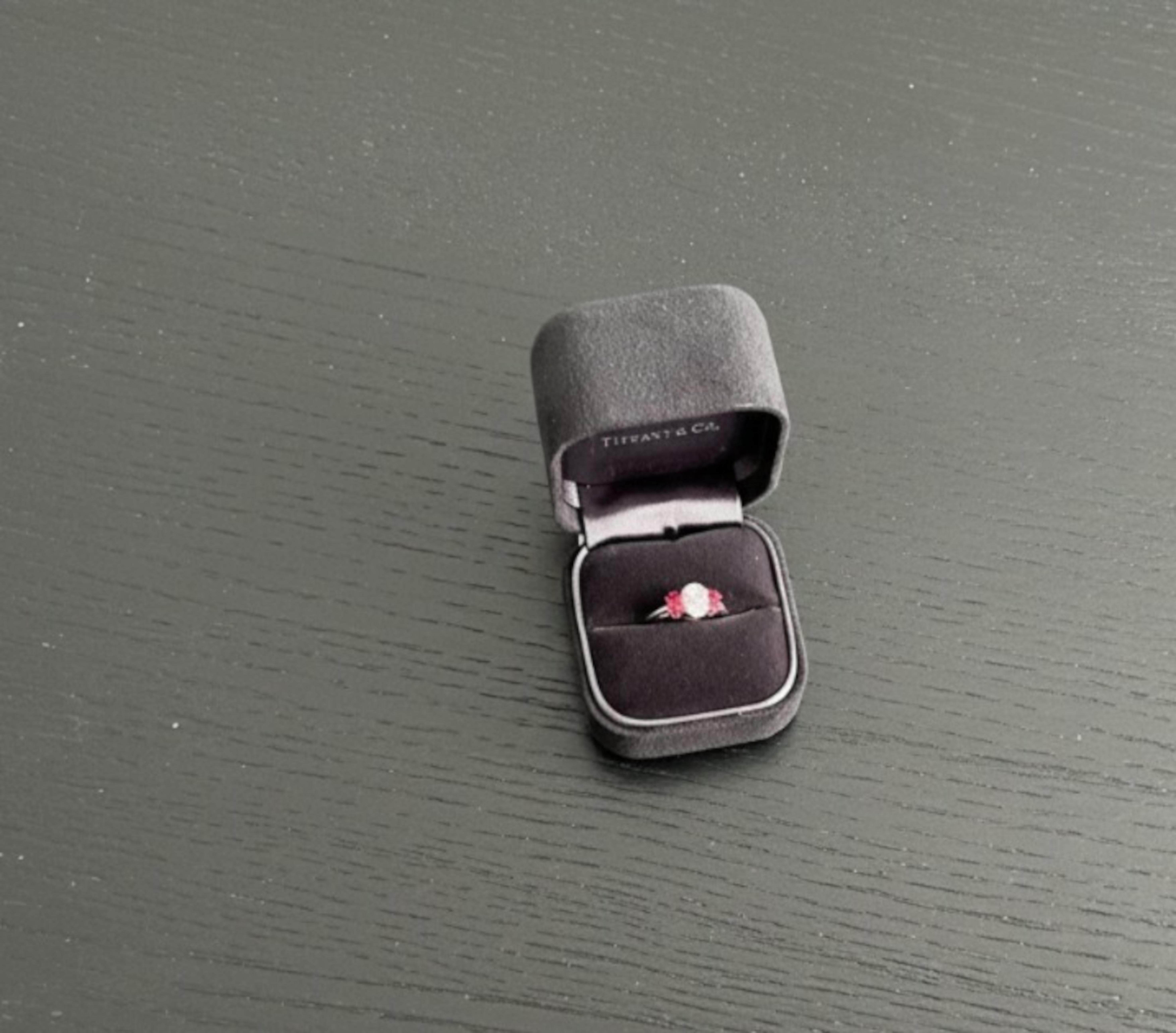 Oval Cut Tiffany & Co. Platinum and 18K Yellow Gold Diamond and Ruby Three-Stone Ring For Sale