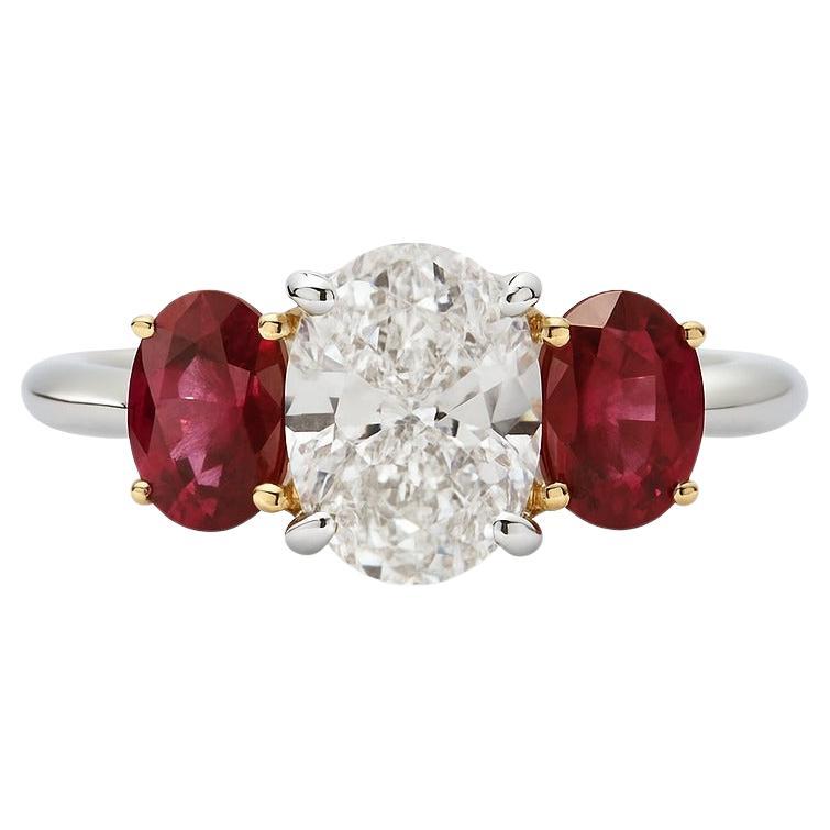 Tiffany & Co. Platinum and 18K Yellow Gold Diamond and Ruby Three-Stone Ring For Sale